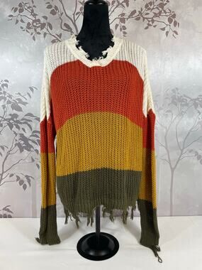 Cato Colorblock Distressed Fringe Open Knit Sweater L Rust Yellow Olive Boho